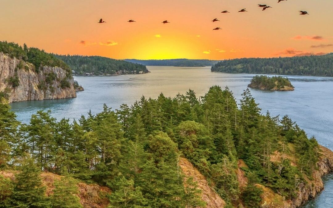 Sunset over ocean islands