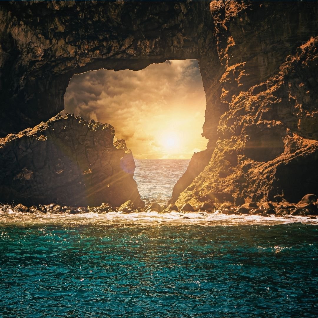 sunset through rock