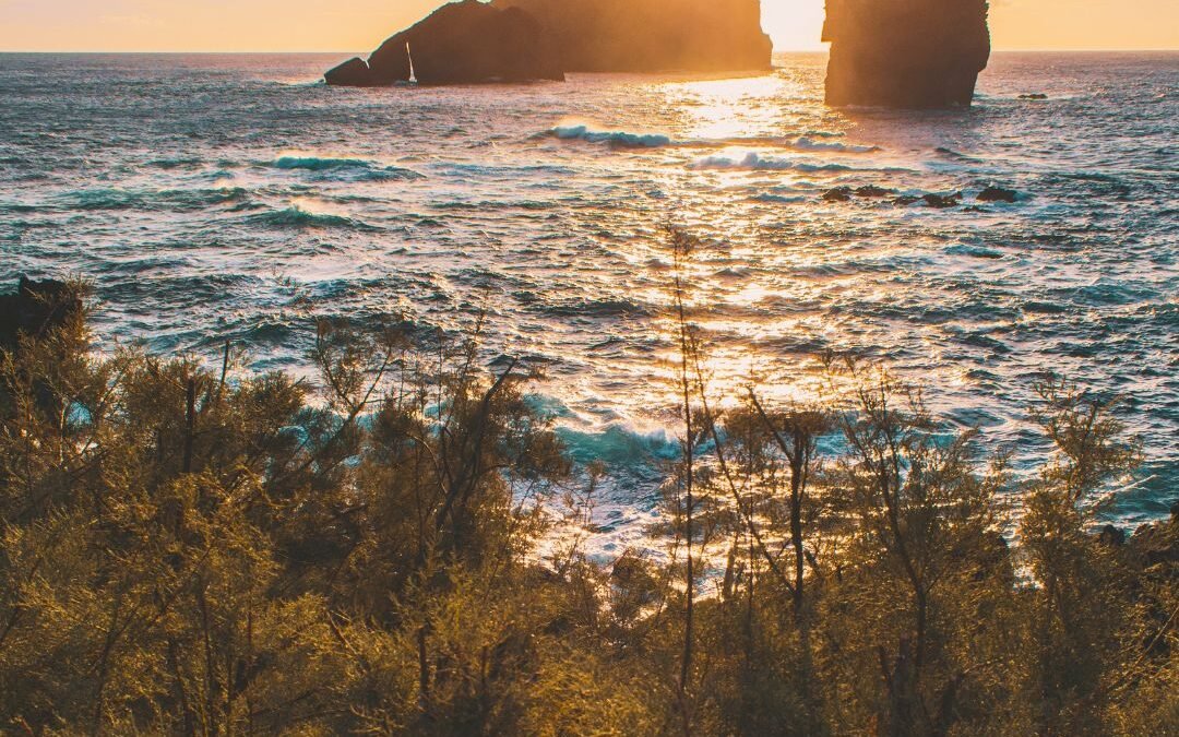 sun over ocean rocks