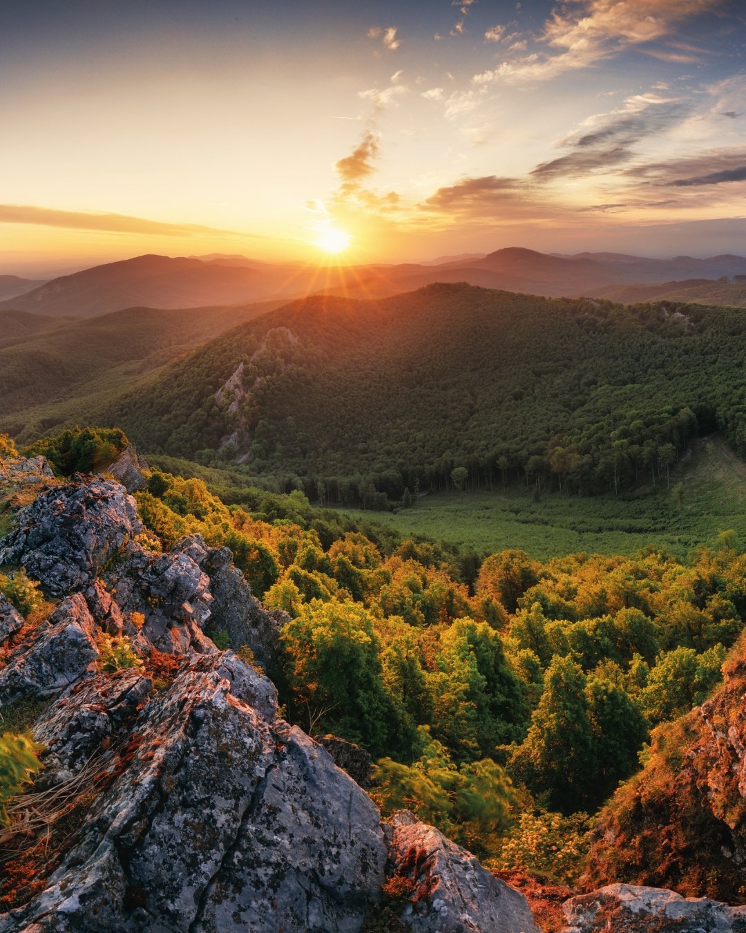 sun set over moutain valley